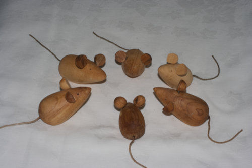 turned wooden mice with h hemp tails
